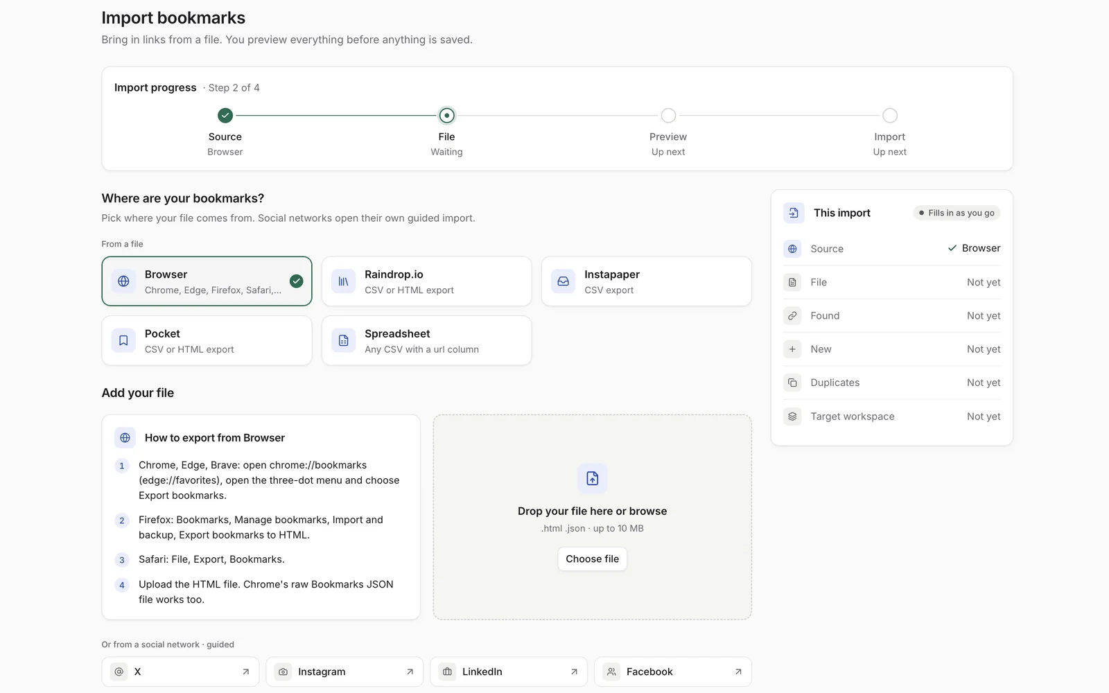 The Import bookmarks page with the sources Browser, Raindrop.io, Instapaper, Pocket and Spreadsheet, export steps for browsers and a drop area for the file