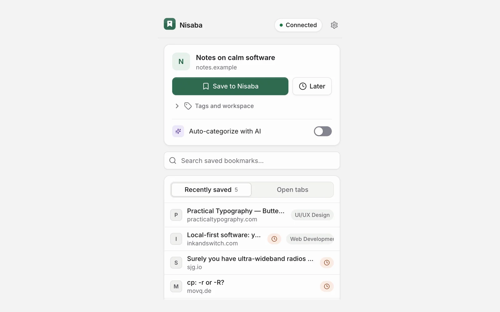 The Nisaba extension popup with the buttons Save to Nisaba and Later, the Tags and workspace section and the Auto-categorize with AI switch